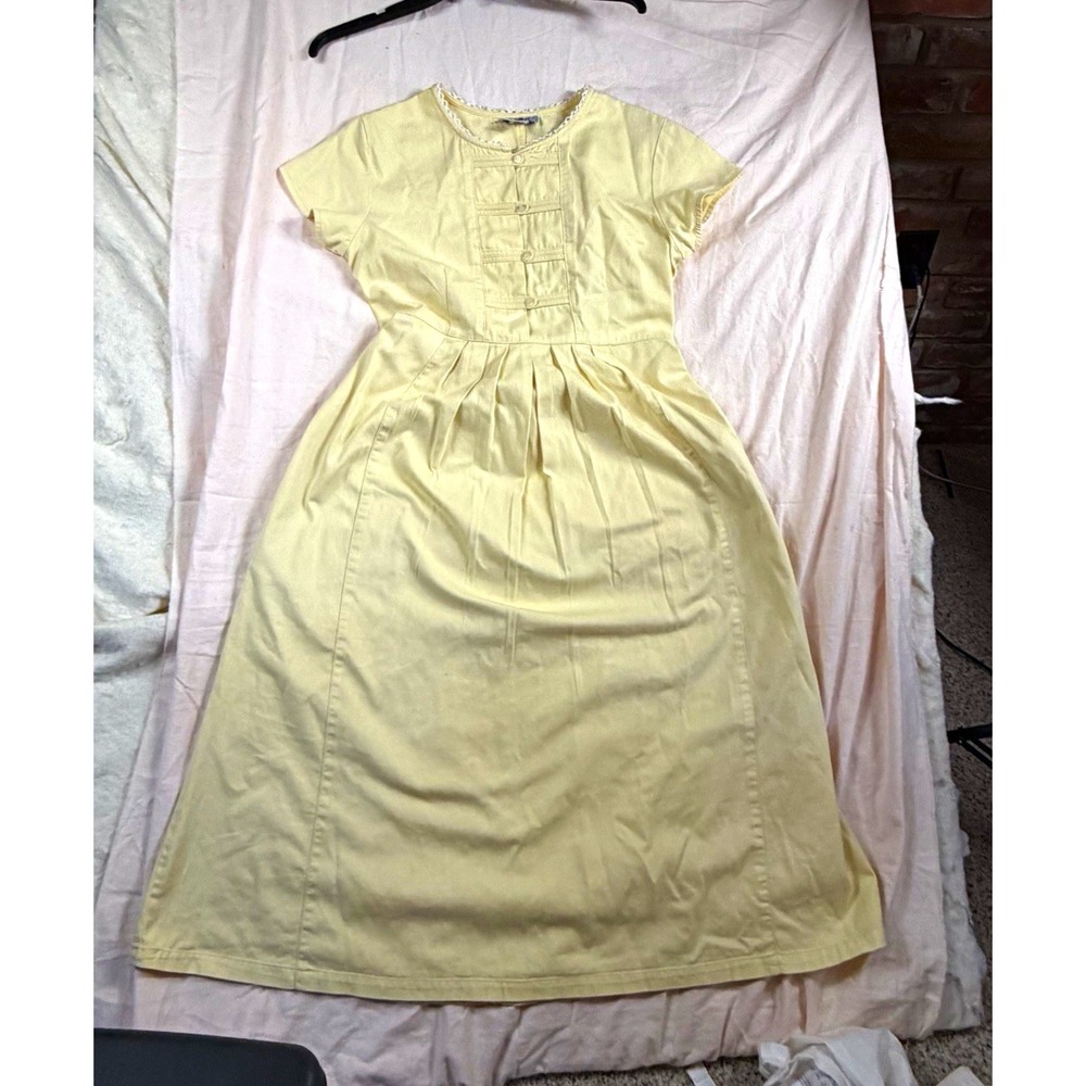 FADS Yellow Cotton Twill Midi A-Line Dress 6 Petite Pockets Button Accents
